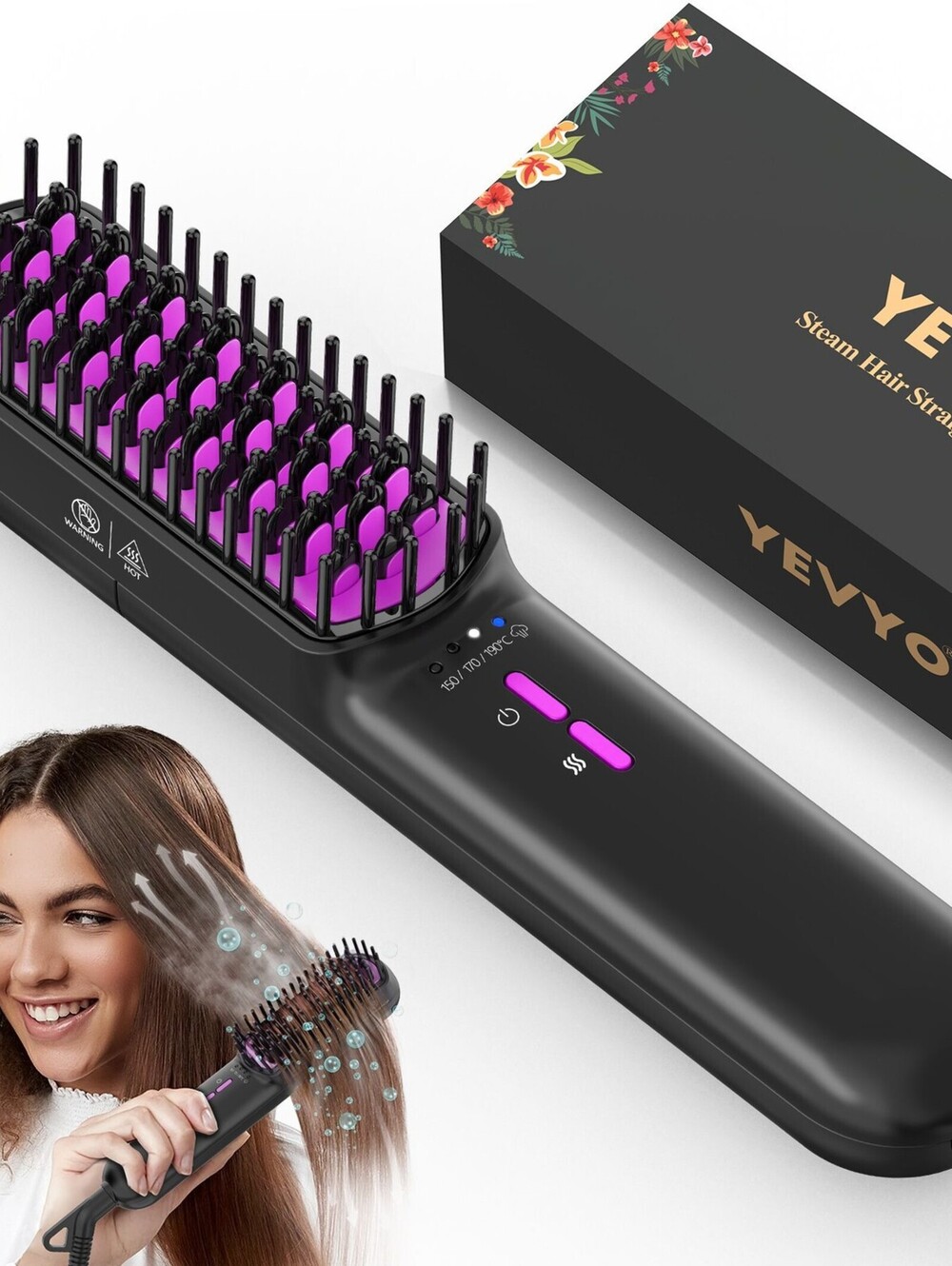 Hair Straightener Brush, Ionic Plus Steam Straightening Brush for Smooth